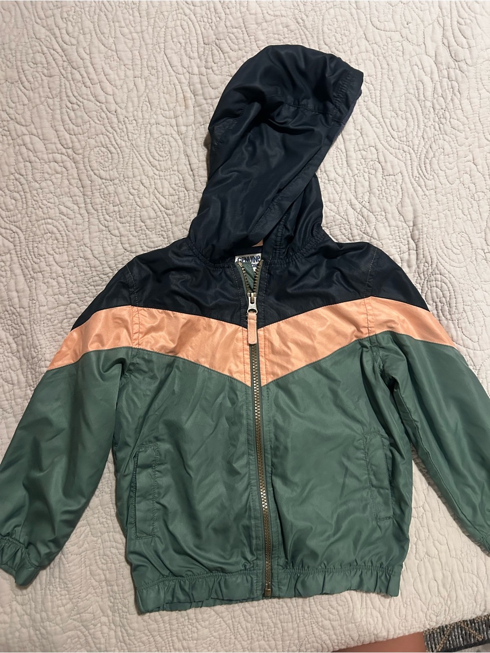 Genuine Kids OshKosh Boys 4T Colorblock Hooded Windbreaker Jacket Green Navy